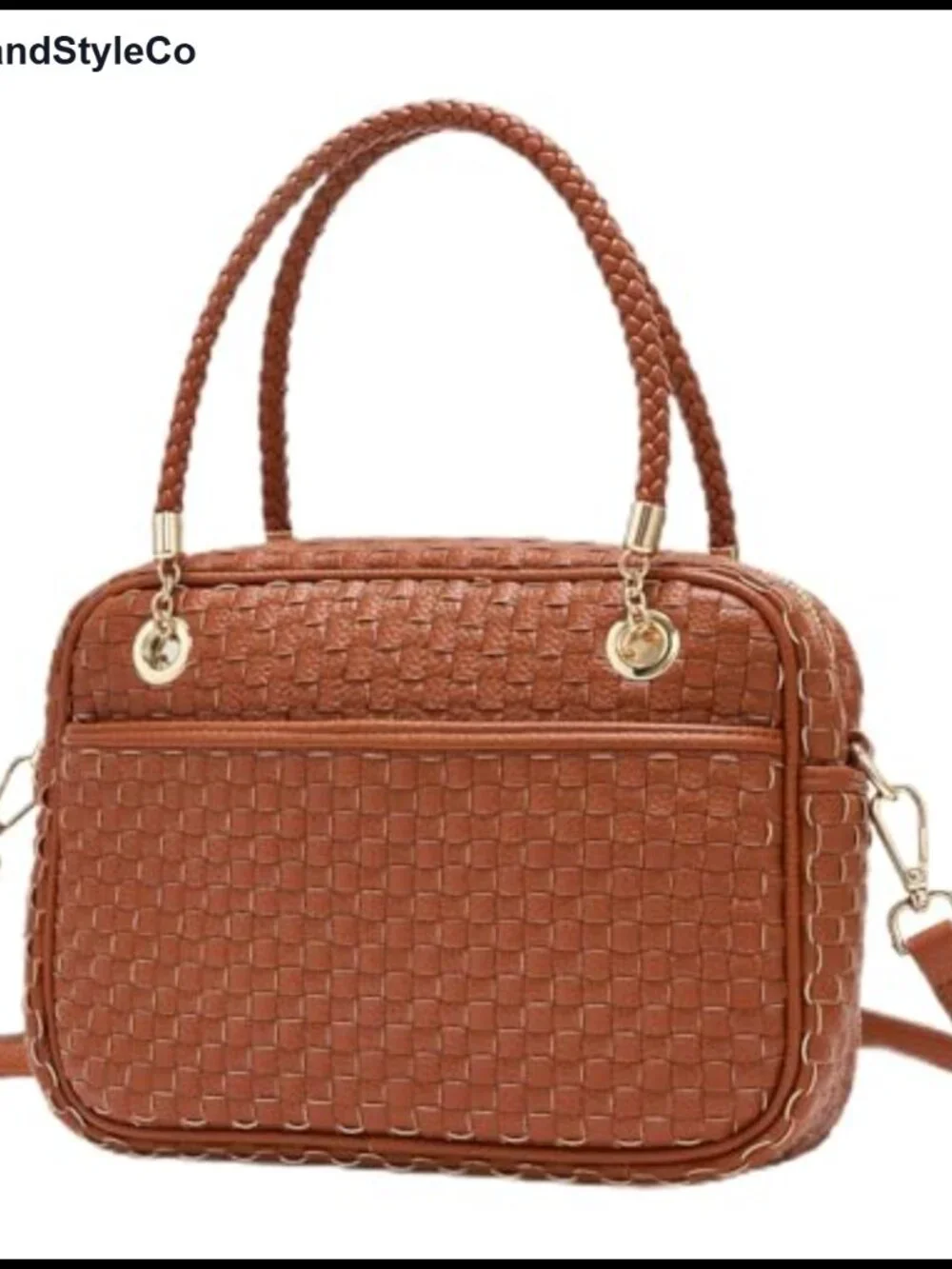 Hand-Woven Vegan Leather Crossbody Satchel Purse with Gold-Tone Hardware